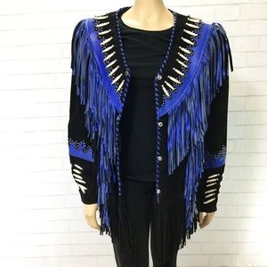 Vintage Suede Blue Fringe Leather Jacket Women M